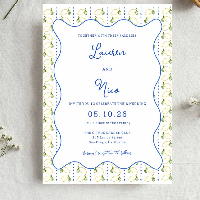 Lemon Citrus Yellow and Blue Italian Chic Wedding Invitation (Creator Uploaded)