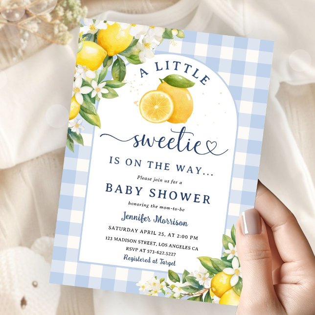 Lemon Citrus Yellow Baby Shower Boy Blue Gingham Invitation (Creator Uploaded)