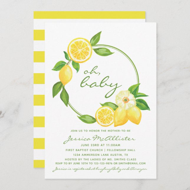 Lemon Citrus Yellow Stripes Unisex Baby Shower Invitation (Front/Back)