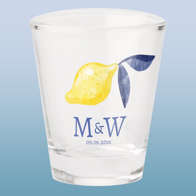 Lemon Couple Initials Monogram Date Shot Glass (Lemon watercolor Mediterranean wedding couple monogram initials date shot glass)
