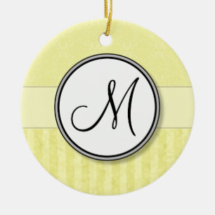 Lemon Cream Damask with Stripes and Monogram Ceramic Tree Decoration