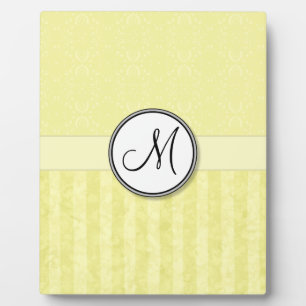 Lemon Cream Damask with Stripes and Monogram Plaque