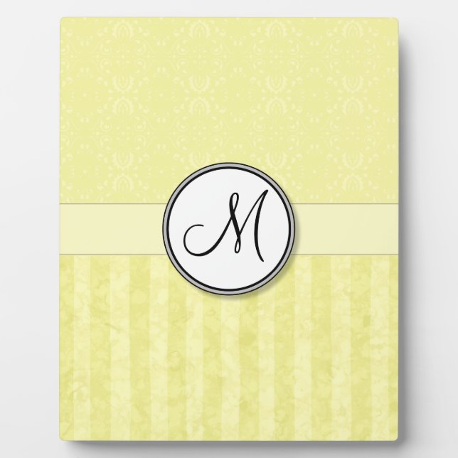 Lemon Cream Damask with Stripes and Monogram Plaque (Front)