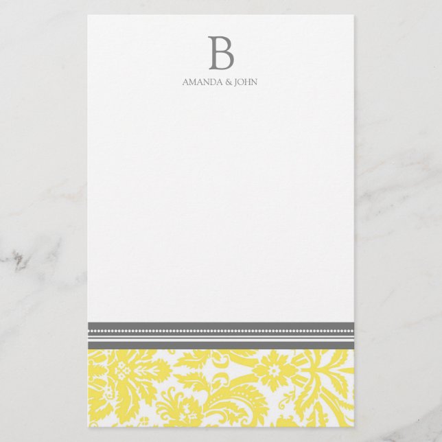 Lemon Damask Wedding Monogram Stationery (Front)