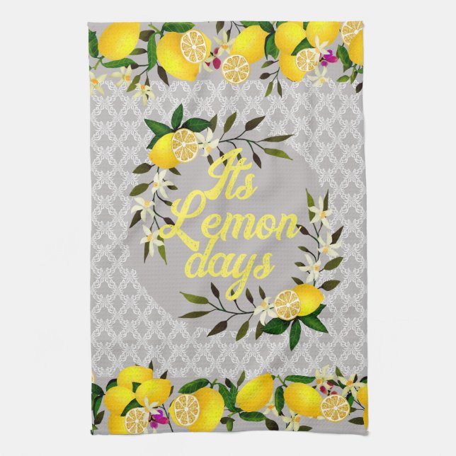 Lemon Days Motif Grey Tea Towel (Vertical)