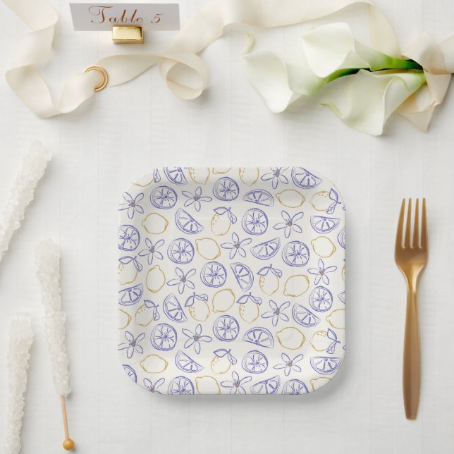 Lemon Doodle Pattern Paper Plates (Wedding)