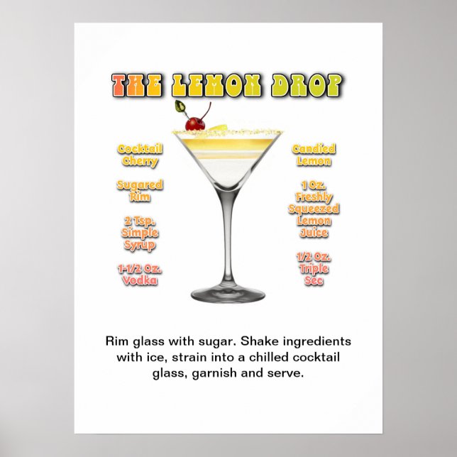LEMON DROP MARTINI 18"x24" Cocktail Recipe Art Poster (Front)
