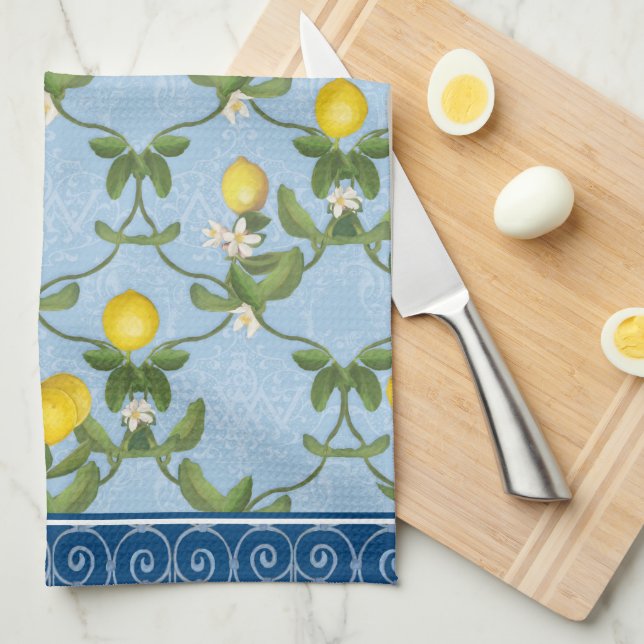 Lemon Espalier Leaf Blue French Country Floral Tea Towel (Quarter Fold)