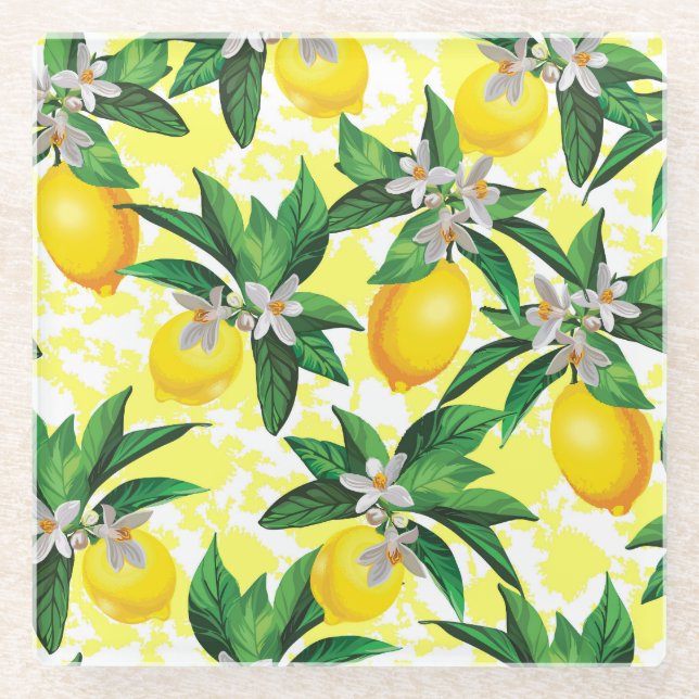 Lemon Fantasy: Creative Floral Pattern Glass Coaster (Front)