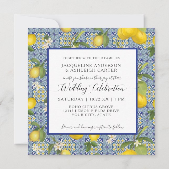 Lemon Floral Citrus Blue and White Tile Wedding Invitation (Front)