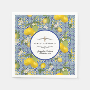 Lemon Floral Citrus Foliage 1st Communion Blue  Napkin