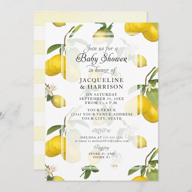 Lemon Floral Citrus Foliage Greenery Baby Shower   Invitation (Front/Back)