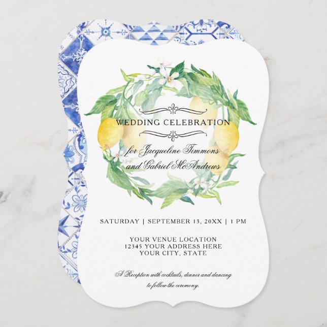 Lemon Floral Citrus Foliage Rustic Blue White Tile Invitation (Front/Back)