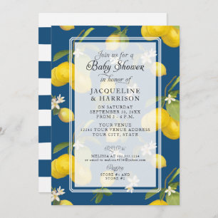Lemon Floral Citrus Greenery Blue Baby Boy Shower Invitation