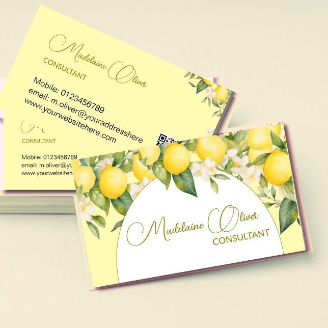Lemon Floral Citrus Modern Stylish QR Code Gold   Business Card (Creator Uploaded)