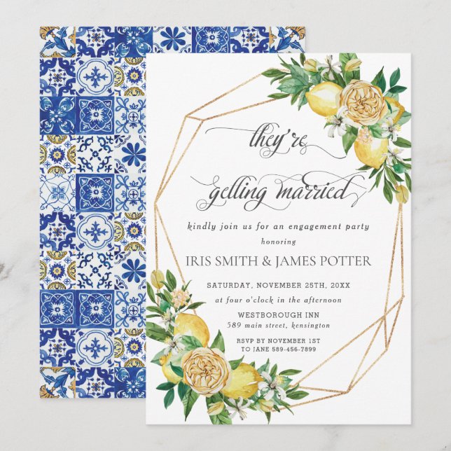 Lemon Floral Geometric Getting Married Engagement  Invitation (Front/Back)
