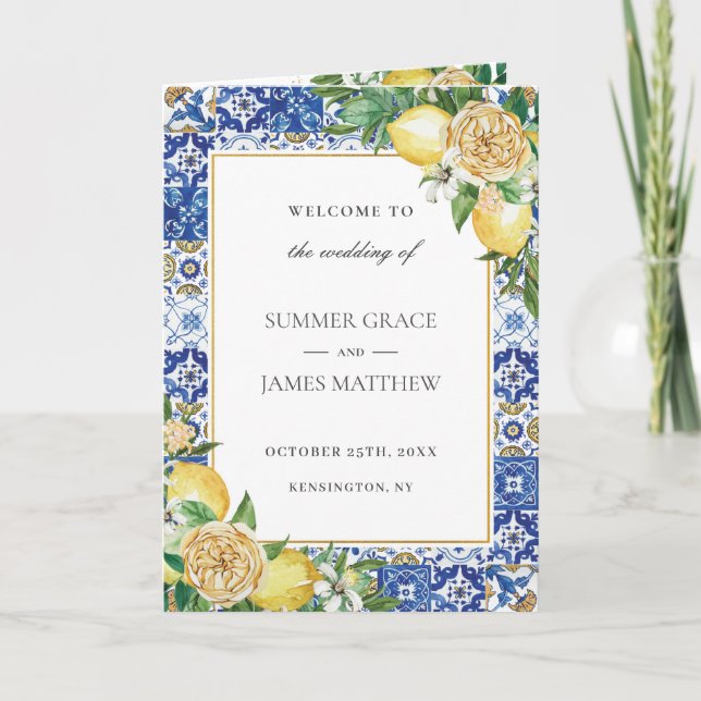 Lemon Floral Greenery Azure Mosaic Tiles Wedding   Program (Front)
