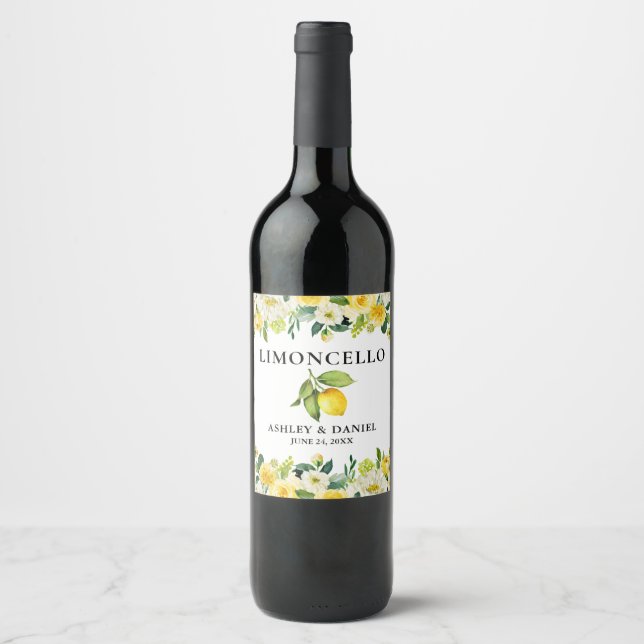 Lemon Floral Limoncello Wedding Bottle Label (Front)