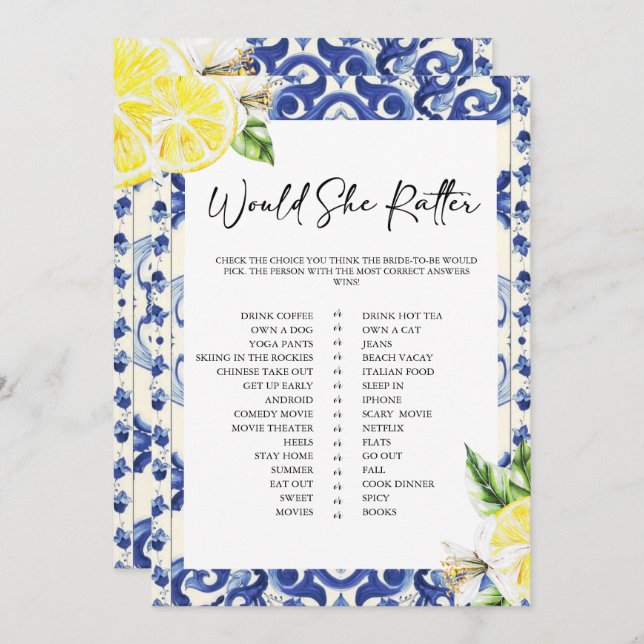 Lemon Floral Mediterranean Bridal Shower game Invitation (Front/Back)