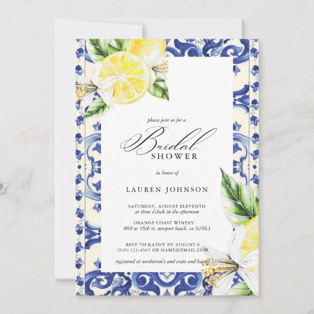 Lemon Floral Mediterranean Bridal Shower Invitation (Front)