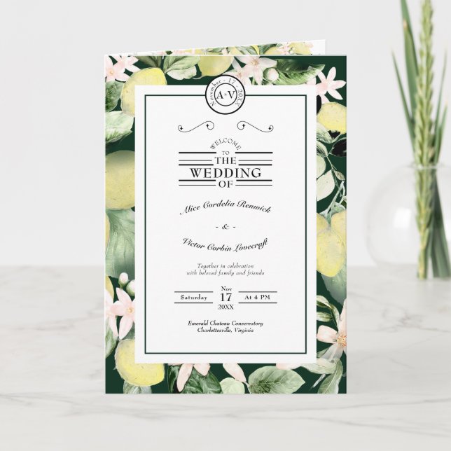 Lemon Floral Monogram Emerald Green Wedding Folded Program (Front)