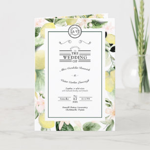Lemon Floral Monogram White Wedding Folded Program