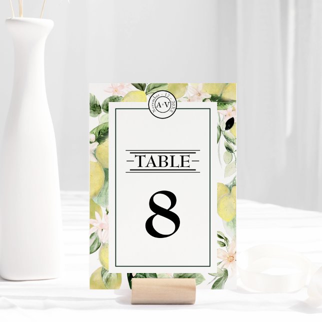 Lemon Floral Monogram White Wedding Table Number (Creator Uploaded)