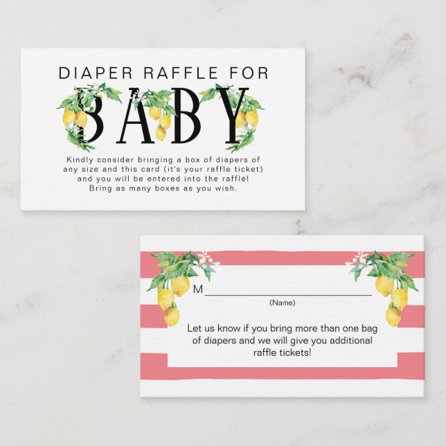 Lemon Floral Pink and White Citrus Diaper Raffle Enclosure Card (Front/Back)