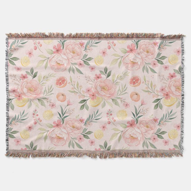 Lemon  Floral pink Peony Pattern  Throw Blanket (Front)
