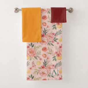 Lemon Floral pink Peony rustic Pattern monogram Bath Towel Set