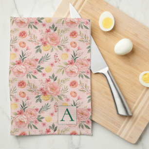 Lemon  Floral pink Peony rustic Pattern monogram Tea Towel