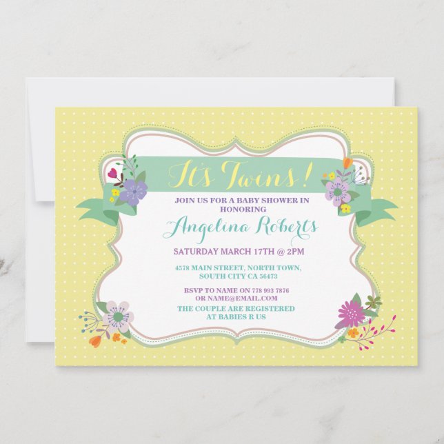 Lemon Floral Polka Dot Twins Baby Shower Invite (Front)