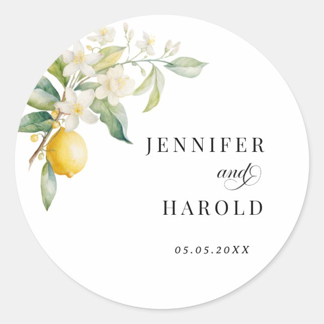 Lemon Floral Wedding Favour Classic Round Sticker (Front)
