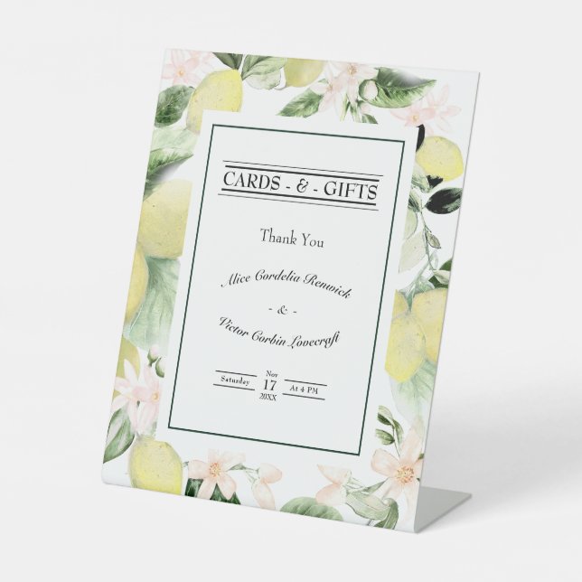 Lemon Floral White Wedding Cards and Gifts Pedestal Sign (Front)