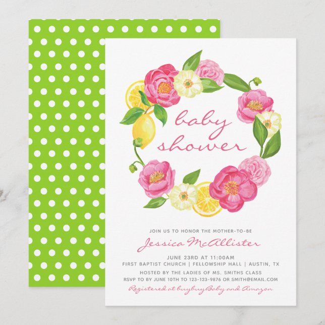Lemon Floral Wreath Polkadot Girl Baby Shower Invitation (Front/Back)