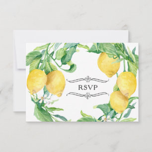 Lemon Floral Wreath Vintage Farm Blue White Tile RSVP Card