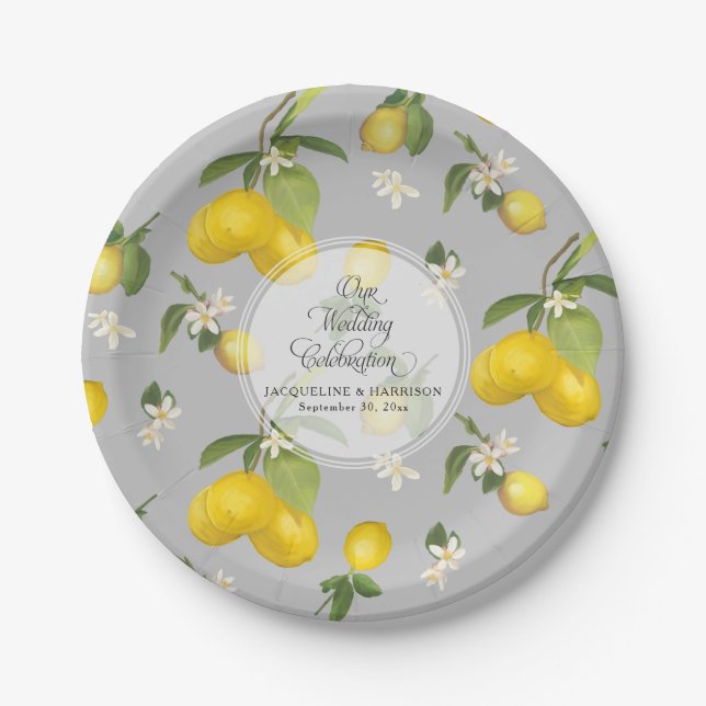 Lemon Flower Citrus Greenery Grey n Yellow Wedding Paper Plate (Front)
