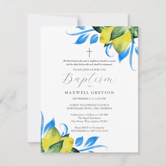 Lemon Foliage Baptism Invitations Template (Front)