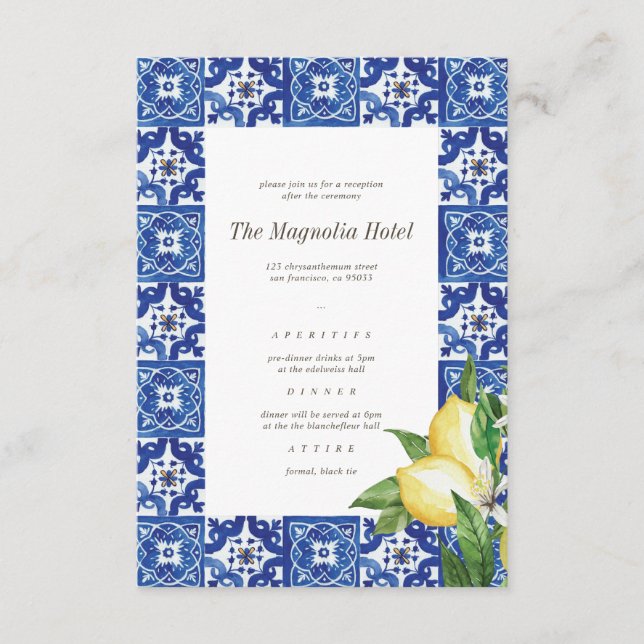 Lemon Foliage Blue Mediterranean Wedding Reception Enclosure Card (Front)