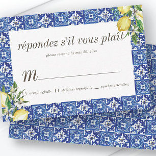 Lemon Foliage Blue Mediterranean Wedding RSVP Card