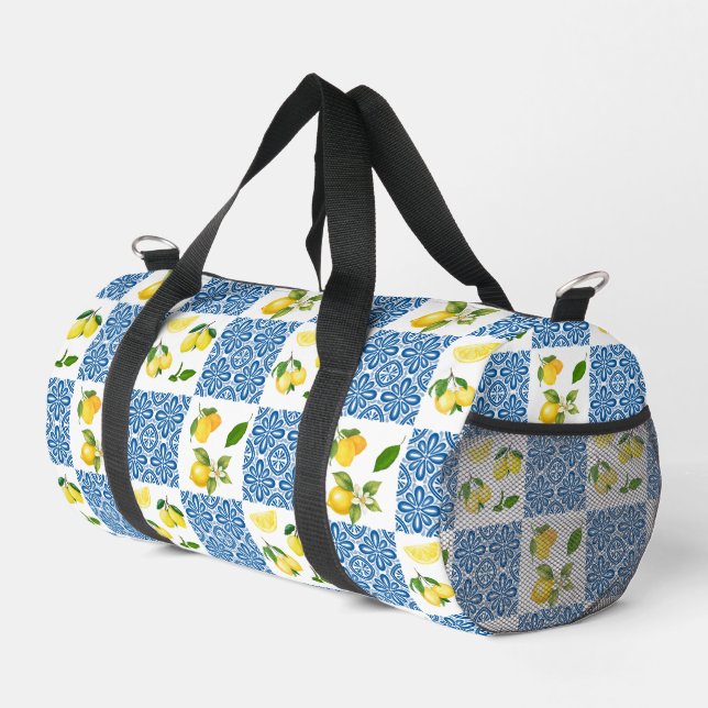 Lemon French Country Tile Elegant Modern Pattern Duffle Bag (Right Corner)