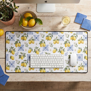 Lemon French Country Tile Pattern Yellow Blue  Desk Mat