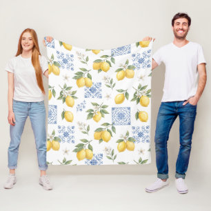 Lemon French Country Tile Pattern Yellow Blue  Fleece Blanket
