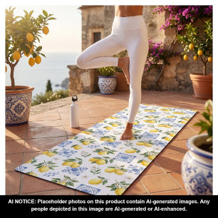 Lemon French Country Tile Pattern Yellow Blue Yoga Mat