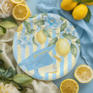 Lemon Freshly Graduated Blue Stripe Graduation Paper Plate
