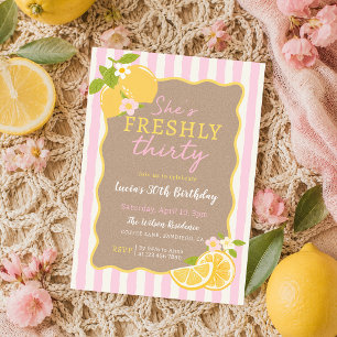 Lemon Freshly Pink Stripes 30th Birthday Invitation