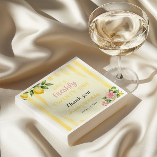 Lemon Freshly Yellow Stripes Floral 21st Birthday Napkin