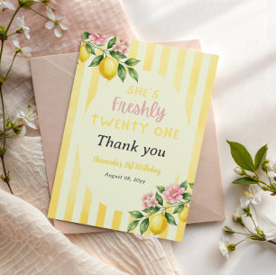 Lemon Freshly Yellow Stripes Floral 21st Birthday Thank You Card