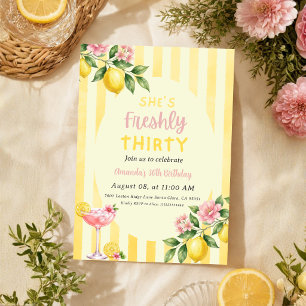 Lemon Freshly Yellow Stripes Floral 30th Birthday Invitation