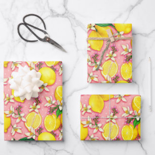 Lemon Fruit and Lemon Blossom Pink Wrapping Paper Sheet